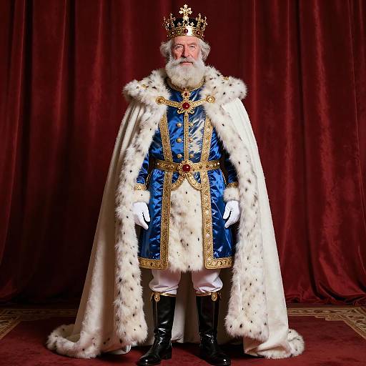 Photograph of an elderly white king with a white beard, wearing a blue velvet robe, white fur-trimmed cape, gold crown, black boots