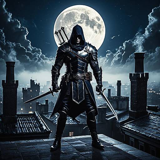 Shadowy Assassin on Rooftop Under Full Moon