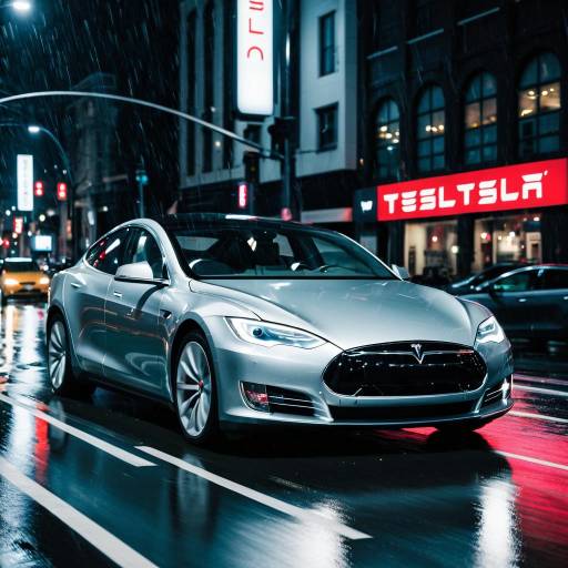 Silver Tesla Model S on Rainy City Street at Night