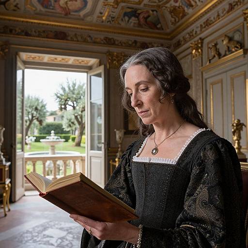 Photograph of a middle-aged woman with long brown hair, wearing a black Renaissance-style dress, reading a book in an ornately decorated, sunlit