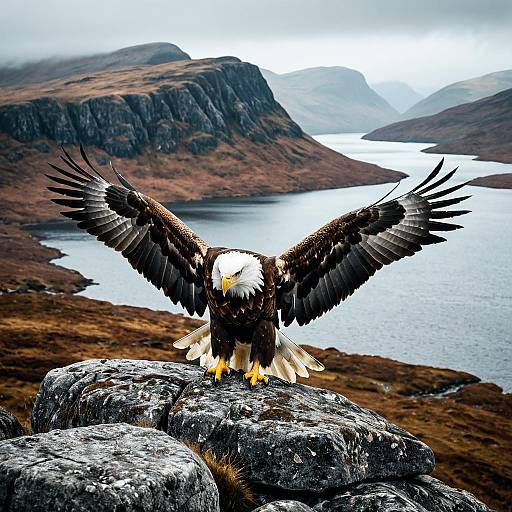 Bald eagle with wings spread on rocky outcrop in Scottish Highlands