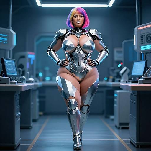 Voluptuous Mature Cyborg in Cyberpunk Lab