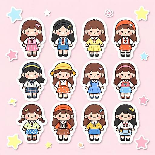 Cartoon-style digital illustration of 16 chibi girls, each with unique outfits, hairstyles, and accessories, standing in a 4x4 grid
