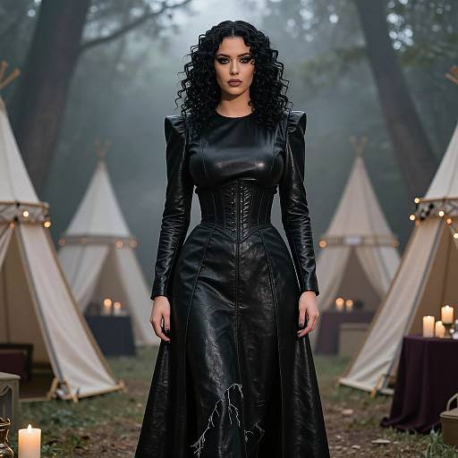 Photograph of a curly-haired woman in a black leather dress standing in a foggy forest camp with white tents and candles.