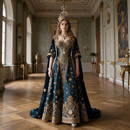 Photograph of a regal woman in an ornate, blue and gold, medieval-style gown with intricate embroidery, wearing a crown, standing in a
