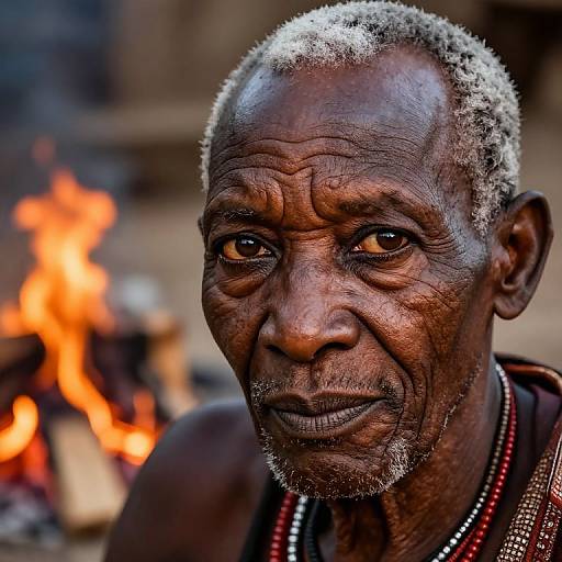Close-up photograph of an elderly African man with dark brown skin, short curly gray hair, deep wrinkles, and intense brown eyes, wearing beaded neck