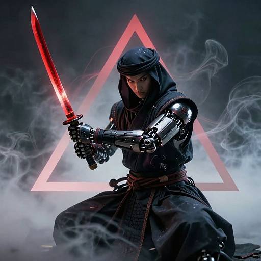 Cyborg samurai with glowing red sword, metallic arms, black hood, and robe, kneels before a glowing triangle against smoky background.