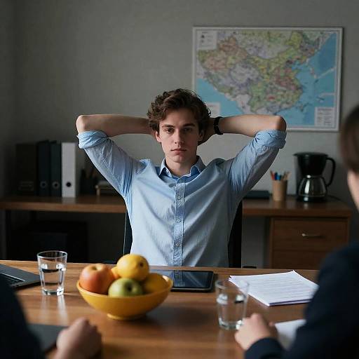 Young Man in Dimly Lit Office