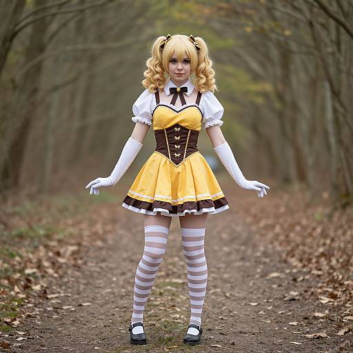 Photograph of a blonde woman in a yellow and brown gothic Lolita dress, white gloves, striped stockings, and black shoes, standing on a
