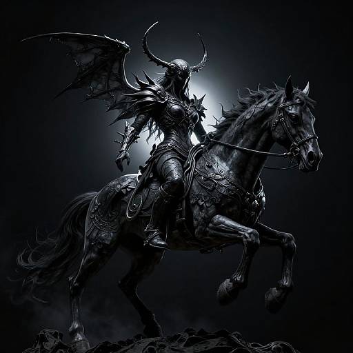 Digital artwork of a dark, armored demon riding a black, rearing horse against a black background with a glowing white light behind.