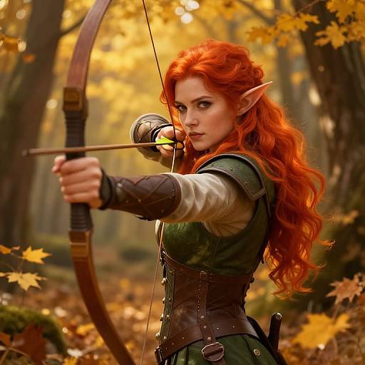 Digital painting of a red-haired elf archer with pointed ears, wearing green and brown armor, drawing a bow in a sunlit autumn forest.