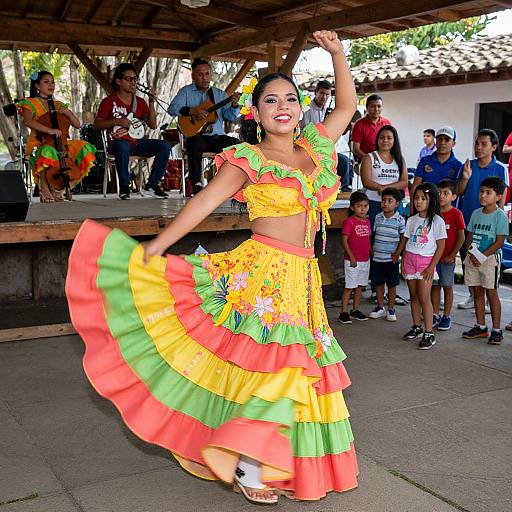 Photograph of a Latina woman in a vibrant yellow and red floral skirt and crop top, dancing outdoors with a cheering crowd and musicians in the background.