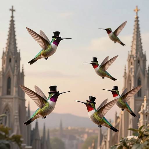 Photograph of six iridescent hummingbirds with black tops flying in a V formation against a backdrop of Gothic-style cathedral spires at sunset.