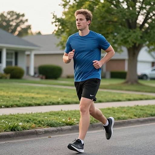 Photograph of a young Caucasian man with short brown hair, jogging on a suburban street in a blue shirt, black shorts, and black sneakers, with
