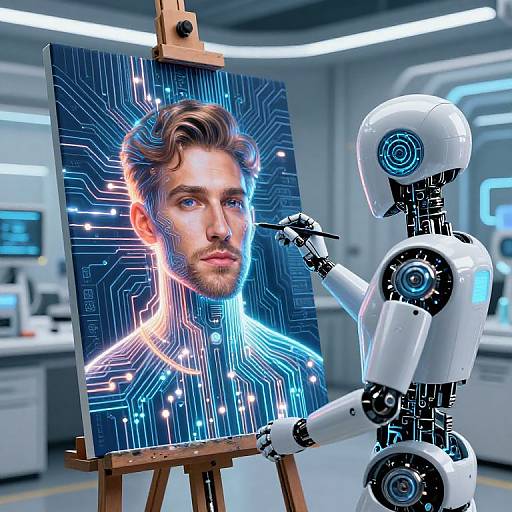 Digital artwork of a futuristic robot painting a hyper-realistic portrait of a handsome man with blue circuitry background in a high-tech studio.