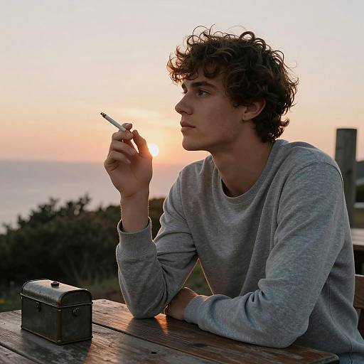 Young Man by the Ocean at Sunset
