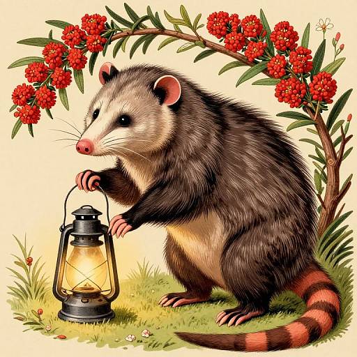 Illustration of a possum with black and brown fur, pink nose, and striped tail, holding a lantern under a red berry bush.