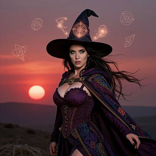 Photograph-style digital art of a sexy witch with green eyes, large breasts, black hat, ornate purple dress, and cape, against a sunset