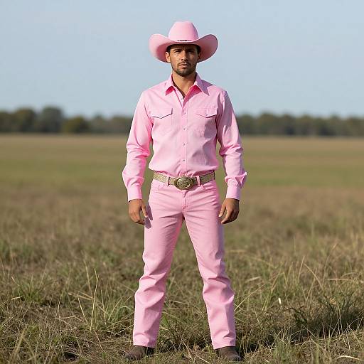 Photograph of a bearded man in pink cowboy outfit, including hat, shirt, and pants, standing in a grassy field under clear blue sky