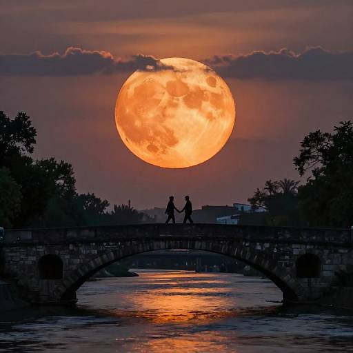 Silhouetted couple walks on stone bridge under glowing, orange full moon reflecting on water, surrounded by dark trees at sunset. Photograph.