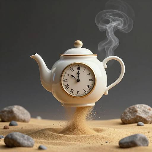 Photograph of a white teapot clock with black numbers and hands, emitting steam, standing in sandy desert with scattered rocks.