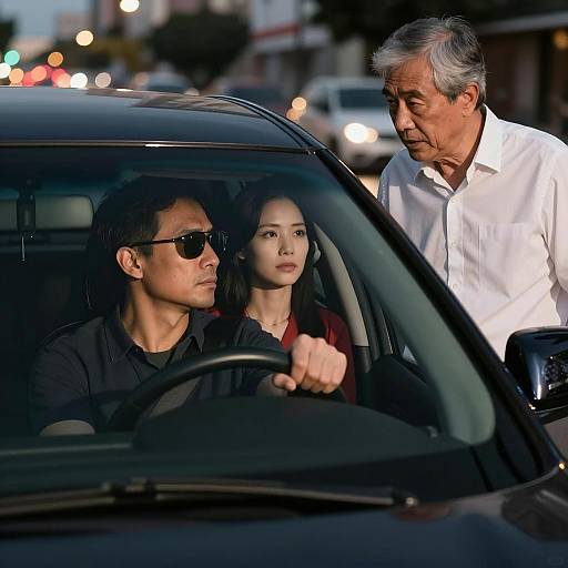 Evening City Scene with Three People