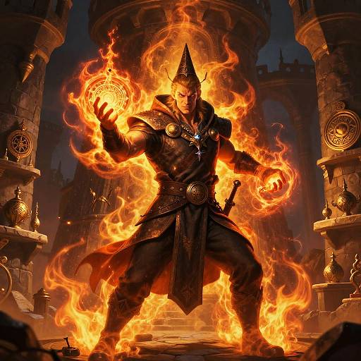 Fiery Wizard Warrior in Stone Tower