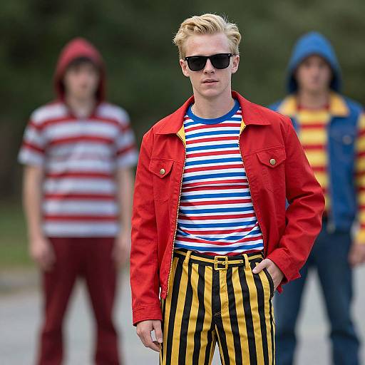 Photograph of a blonde man in a red jacket, black sunglasses, striped shirt, and yellow-striped pants, walking past two blurred figures in casual clothes