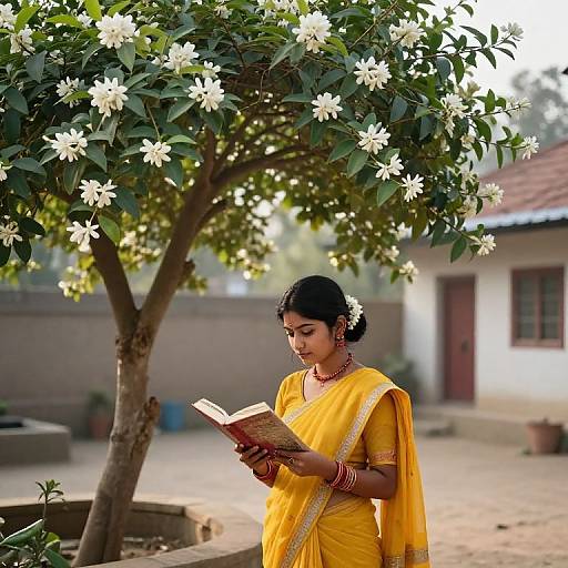 Photograph of an Indian woman in a bright yellow sari, reading under a blooming tree in a sunlit, rural courtyard.