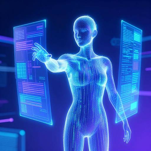 Digital CGI of a glowing blue wireframe figure with neon interfaces floating beside, pointing with an outstretched hand. Cybernetic, futuristic scene.