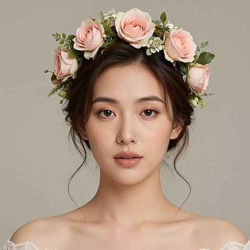 Photograph of a young woman with fair skin, dark hair, wearing a pink rose flower crown, and nude shoulders, against a plain gray background.
