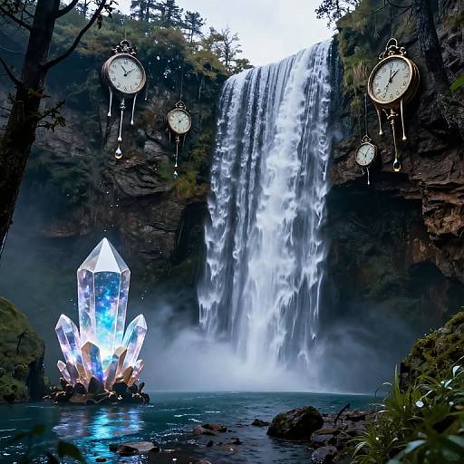 Surreal Waterfall with Melting Timepieces