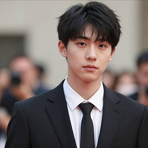 Photograph of an Asian young man with black hair, wearing a black suit, white shirt, and black tie, standing in a blurred crowd.