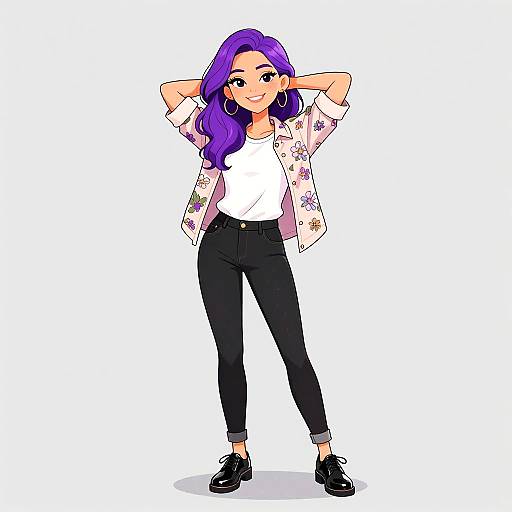 Digital anime-style drawing of a confident woman with purple hair, wearing a floral jacket, white tee, black pants, and black shoes.