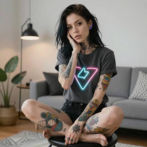 Tattooed Woman in Modern Living Room