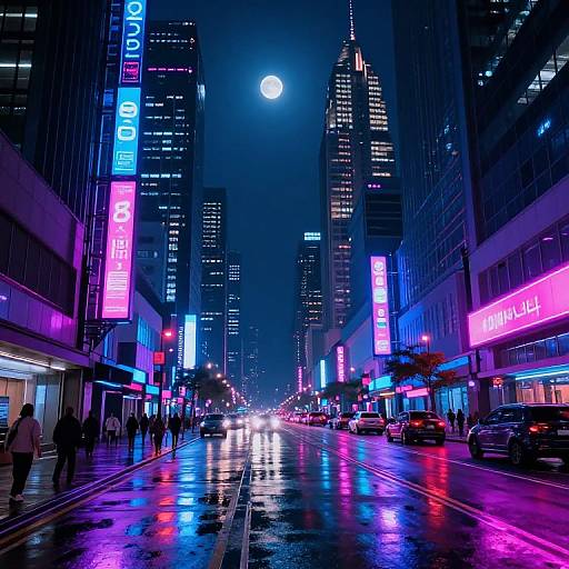 Neon-lit urban street at night, rainy, full moon overhead, colorful signs, reflections on wet road, tall skyscrapers, people walking