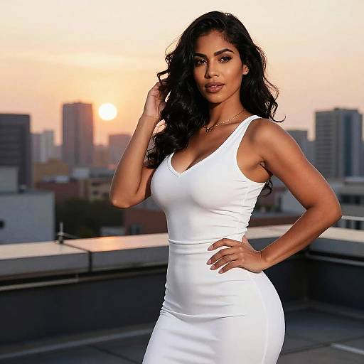 Photograph of a confident woman with long black hair, wearing a form-fitting white dress, standing on a rooftop at sunset, city skyline in background