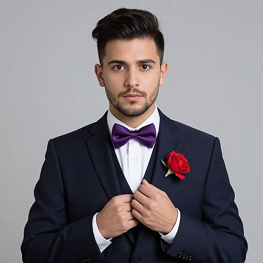 Photograph of a handsome man with short dark hair and trimmed beard, wearing a black suit, white shirt, purple bow tie, and red rose bout