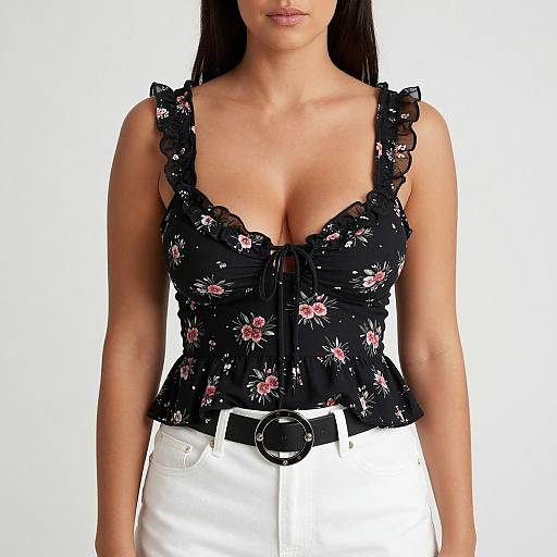 Photograph of a woman with long dark hair, wearing a black floral sleeveless top with ruffles, deep neckline, and white high-waisted