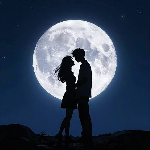 Silhouetted couple standing close under a large, bright full moon in a dark night sky, stars scattered around. Digital art.