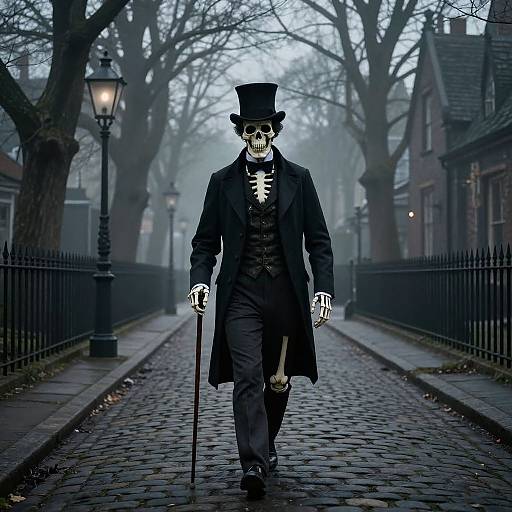 Photograph of a skeletal figure in black Victorian attire, top hat, white gloves, holding a cane, walking a foggy, cobblestone street