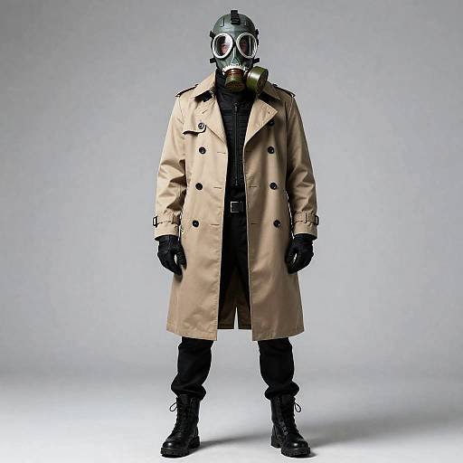 Gas-Masked Figure in Open Trench Coat
