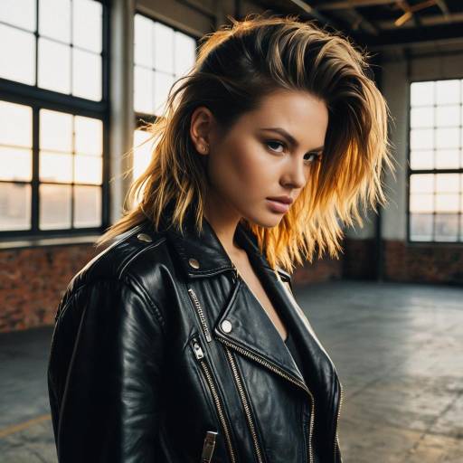 Fashion Model with Modern Mullet Hairstyle in Leather Jacket