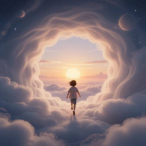 Digital art: Child with short brown hair, white shirt, and blue shorts, walking through a luminous, cloud-filled celestial tunnel towards a glowing sunset