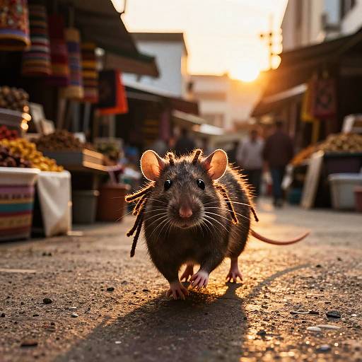 Photograph: A street rat with dark fur and whiskers, carrying small twigs in its mouth, walks towards the camera in a sunlit,
