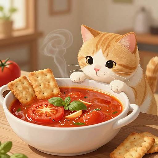 Cute, orange-and-white kitten with wide eyes, dipping paw into bowl of steaming tomato soup with croutons and basil, sunlight streaming in