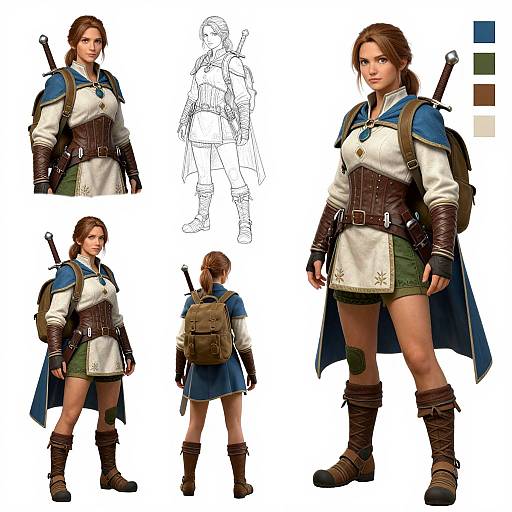 Digital character sheet of a brown-haired, young female warrior in medieval armor, blue cape, green skirt, brown boots, and backpack, with multiple front