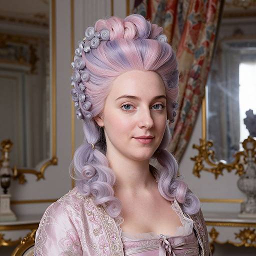 Photorealistic digital portrait of a fair-skinned woman with lavender, curling hair adorned with blue flowers, wearing a lace-trimmed, pink