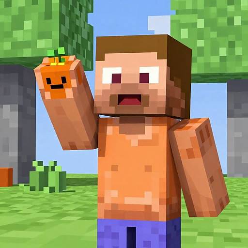 Pixel art of a blocky, shirtless male character with a brown square head, orange skin, raising a pixelated orange Creeper hand. Background