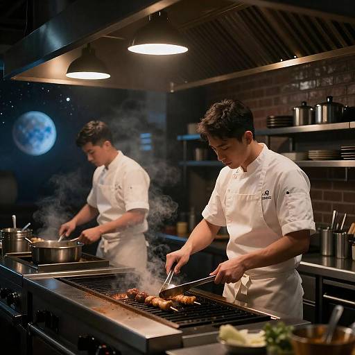Chefs Cooking Skewers in Industrial Kitchen